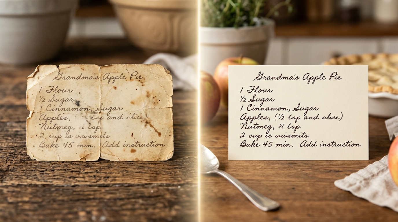 Recipe card before and after restoration