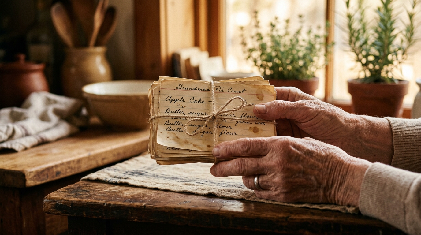Hands holding treasured handwritten recipe cards
